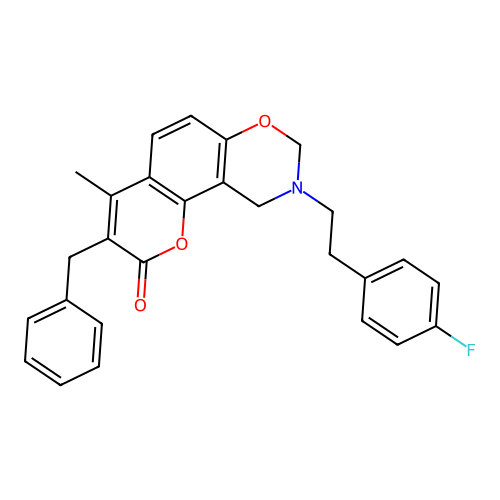 3-benzyl-9-(4-fluorophenethyl)-4-methyl-9,10-dihydrochromeno[8,7-e][1,3]oxazin-2(8H)-one structure