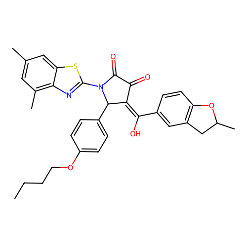 (4E)-5-(4-butoxyphenyl)-1-(4,6-dimethyl-1,3-benzothiazol-2-yl)-4-[hydroxy(2-methyl-2,3-dihydro-1-benzofuran-5-yl)methylidene]pyrrolidine-2,3-dione structure