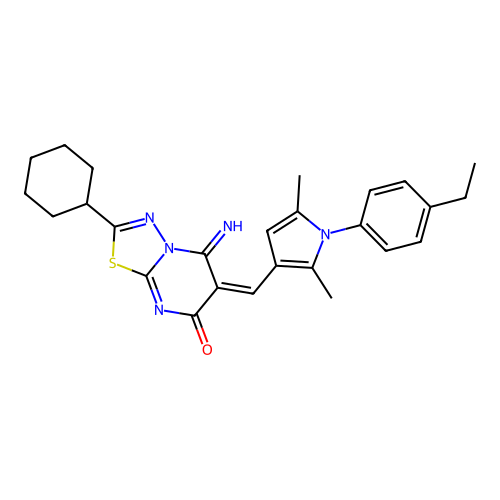 (E)-2-cyclohexyl-6-((1-(4-ethylphenyl)-2,5-dimethyl-1H-pyrrol-3-yl)methylene)-5-imino-5H-[1,3,4]thiadiazolo[3,2-a]pyrimidin-7(6H)-one structure