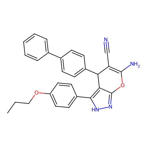 4-([1,1'-biphenyl]-4-yl)-6-amino-3-(4-propoxyphenyl)-1,4-dihydropyrano[2,3-c]pyrazole-5-carbonitrile structure