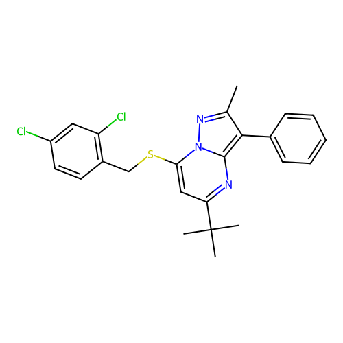 5-(tert-butyl)-7-((2,4-dichlorobenzyl)thio)-2-methyl-3-phenylpyrazolo[1,5-a]pyrimidine structure