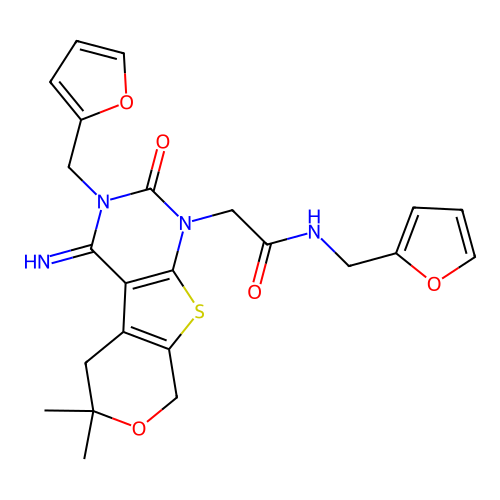 N-(furan-2-ylmethyl)-2-(3-(furan-2-ylmethyl)-4-imino-6,6-dimethyl-2-oxo-2,3,4,5,6,8-hexahydro-1H-pyrano[4',3':4,5]thieno[2,3-d]pyrimidin-1-yl)acetamide structure