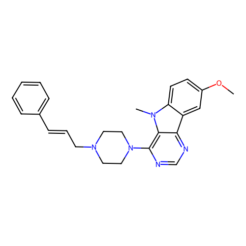 (E)-4-(4-cinnamylpiperazin-1-yl)-8-methoxy-5-methyl-5H-pyrimido[5,4-b]indole structure