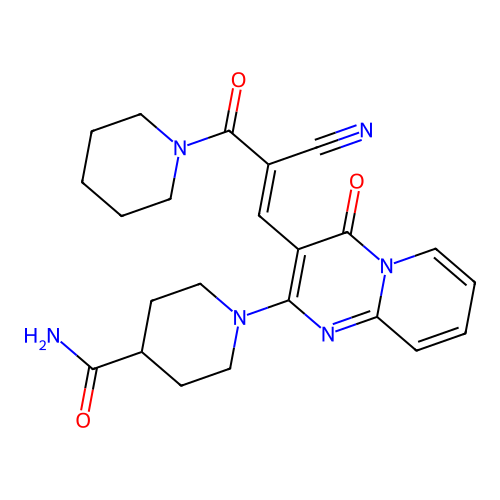(E)-1-(3-(2-cyano-3-oxo-3-(piperidin-1-yl)prop-1-en-1-yl)-4-oxo-4H-pyrido[1,2-a]pyrimidin-2-yl)piperidine-4-carboxamide structure