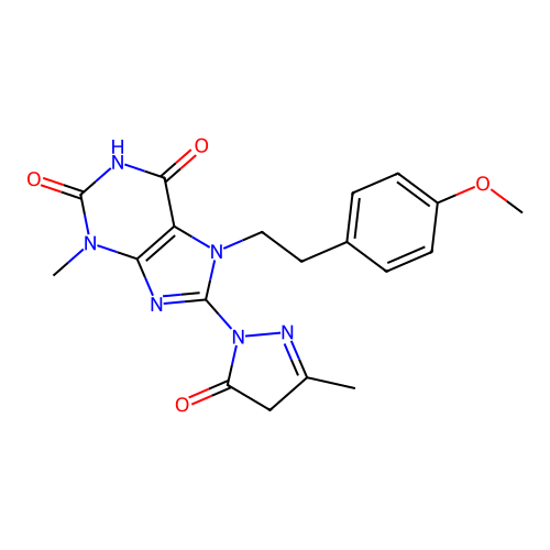 7-[2-(4-methoxyphenyl)ethyl]-3-methyl-8-(3-methyl-5-oxo-4H-pyrazol-1-yl)purine-2,6-dione structure