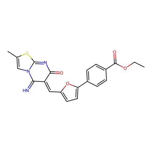(Z)-ethyl 4-(5-((5-imino-2-methyl-7-oxo-5H-thiazolo[3,2-a]pyrimidin-6(7H)-ylidene)methyl)furan-2-yl)benzoate structure