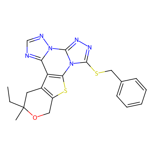 7-(benzylsulfanyl)-12-ethyl-12-methyl-12,13-dihydro-10H-pyrano[4',3':4,5]thieno[3,2-e]bis[1,2,4]triazolo[4,3-a:1',5'-c]pyrimidine structure