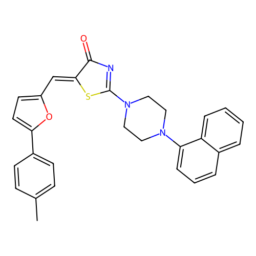 (Z)-2-(4-(naphthalen-1-yl)piperazin-1-yl)-5-((5-(p-tolyl)furan-2-yl)methylene)thiazol-4(5H)-one structure