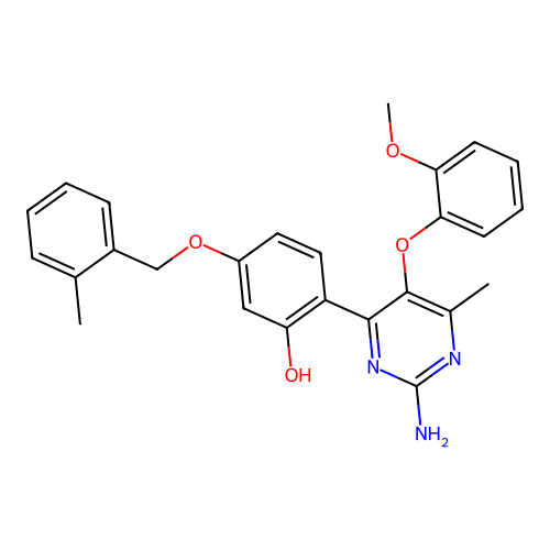 2-(2-amino-5-(2-methoxyphenoxy)-6-methylpyrimidin-4-yl)-5-((2-methylbenzyl)oxy)phenol structure