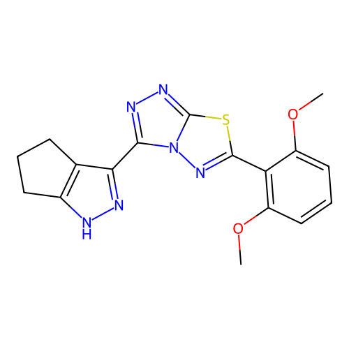 1,3-dimethoxy-2-(3-(4,5,6-trihydrocyclopenta[2,1-d]pyrazol-3-yl)(1,2,4-triazol o[3,4-b]1,3,4-thiadiazolin-6-yl))benzene structure