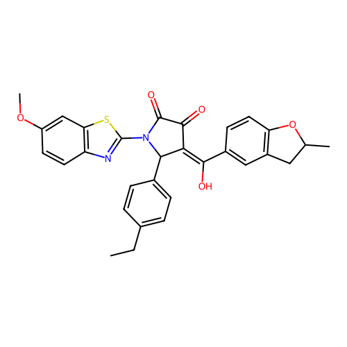 (4E)-5-(4-ethylphenyl)-4-[hydroxy(2-methyl-2,3-dihydro-1-benzofuran-5-yl)methylidene]-1-(6-methoxy-1,3-benzothiazol-2-yl)pyrrolidine-2,3-dione structure