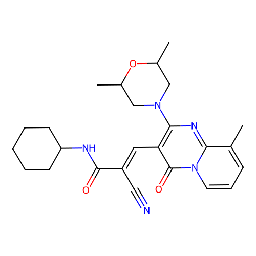 (2E)-2-cyano-N-cyclohexyl-3-[2-(2,6-dimethylmorpholin-4-yl)-9-methyl-4-oxo-4H-pyrido[1,2-a]pyrimidin-3-yl]prop-2-enamide structure
