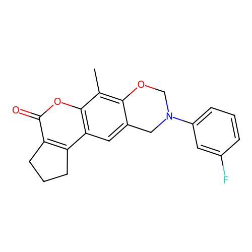 9-(3-fluorophenyl)-6-methyl-2,3,9,10-tetrahydro-1H-cyclopenta[3,4]chromeno[6,7-e][1,3]oxazin-4(8H)-one structure
