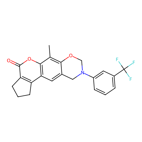 6-methyl-9-(3-(trifluoromethyl)phenyl)-2,3,9,10-tetrahydro-1H-cyclopenta[3,4]chromeno[6,7-e][1,3]oxazin-4(8H)-one structure