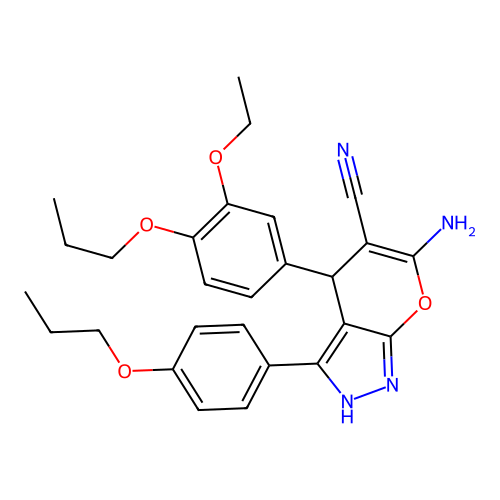 6-amino-4-(3-ethoxy-4-propoxyphenyl)-3-(4-propoxyphenyl)-2,4-dihydropyrano[2,3-c]pyrazole-5-carbonitrile structure