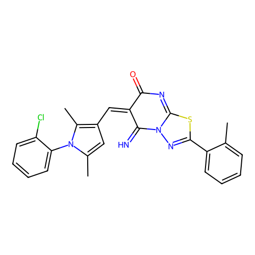 (6E)-6-[[1-(2-chlorophenyl)-2,5-dimethylpyrrol-3-yl]methylidene]-5-imino-2-(2-methylphenyl)-[1,3,4]thiadiazolo[3,2-a]pyrimidin-7-one structure