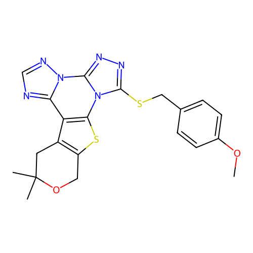 7-((4-methoxybenzyl)thio)-12,12-dimethyl-12,13-dihydro-10H-pyrano[4',3':4,5]thieno[3,2-e]bis([1,2,4]triazolo)[4,3-a:1',5'-c]pyrimidine structure