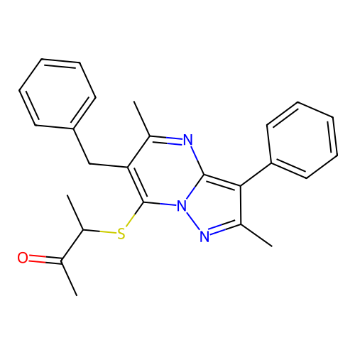 3-[(6-benzyl-2,5-dimethyl-3-phenylpyrazolo[1,5-a]pyrimidin-7-yl)sulfanyl]butan-2-one structure