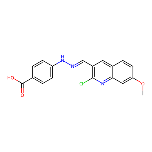 4-{(2E)-2-[(2-chloro-7-methoxyquinolin-3-yl)methylidene]hydrazinyl}benzoic acid structure