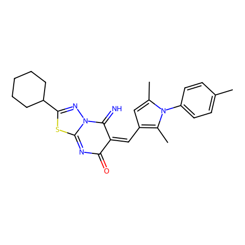 (E)-2-cyclohexyl-6-((2,5-dimethyl-1-(p-tolyl)-1H-pyrrol-3-yl)methylene)-5-imino-5H-[1,3,4]thiadiazolo[3,2-a]pyrimidin-7(6H)-one structure