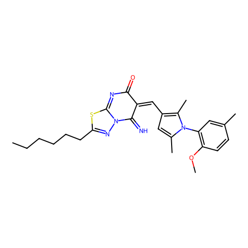 (6E)-2-hexyl-5-imino-6-[[1-(2-methoxy-5-methylphenyl)-2,5-dimethylpyrrol-3-yl]methylidene]-[1,3,4]thiadiazolo[3,2-a]pyrimidin-7-one structure