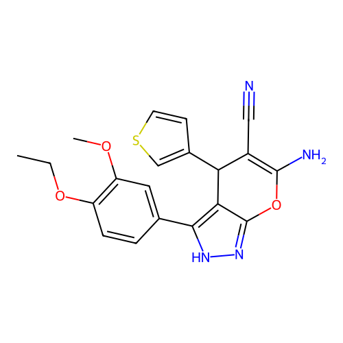 6-amino-3-(4-ethoxy-3-methoxyphenyl)-4-(thiophen-3-yl)-1,4-dihydropyrano[2,3-c]pyrazole-5-carbonitrile structure