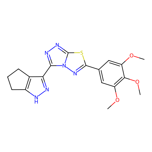 3-(1,4,5,6-tetrahydrocyclopenta[c]pyrazol-3-yl)-6-(3,4,5-trimethoxyphenyl)-[1,2,4]triazolo[3,4-b][1,3,4]thiadiazole structure