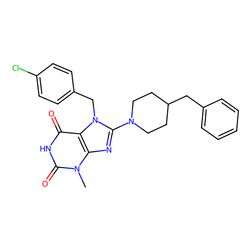 8-(4-benzyl-1-piperidyl)-7-[(4-chlorophenyl)methyl]-3-methyl-purine-2,6-dione structure