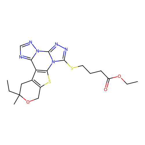 ethyl 4-((12-ethyl-12-methyl-12,13-dihydro-10H-pyrano[4',3':4,5]thieno[3,2-e]bis([1,2,4]triazolo)[4,3-a:1',5'-c]pyrimidin-7-yl)thio)butanoate structure