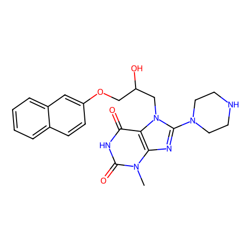 6-hydroxy-7-[2-hydroxy-3-(naphthalen-2-yloxy)propyl]-3-methyl-8-(piperazin-1-yl)-3,7-dihydro-2H-purin-2-one structure