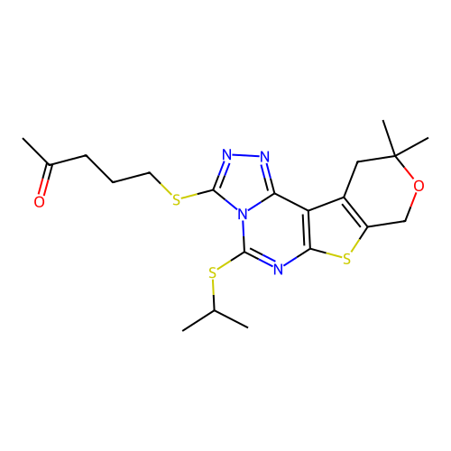 5-((5-(isopropylthio)-10,10-dimethyl-10,11-dihydro-8H-pyrano[4',3':4,5]thieno[3,2-e][1,2,4]triazolo[4,3-c]pyrimidin-3-yl)thio)pentan-2-one structure