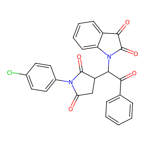 1-[1-[1-(4-chlorophenyl)-2,5-dioxopyrrolidin-3-yl]-2-oxo-2-phenylethyl]indole-2,3-dione structure