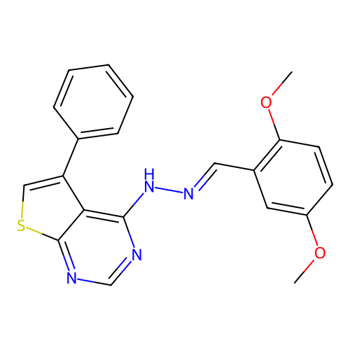 4-[(2E)-2-(2,5-dimethoxybenzylidene)hydrazinyl]-5-phenylthieno[2,3-d]pyrimidine structure