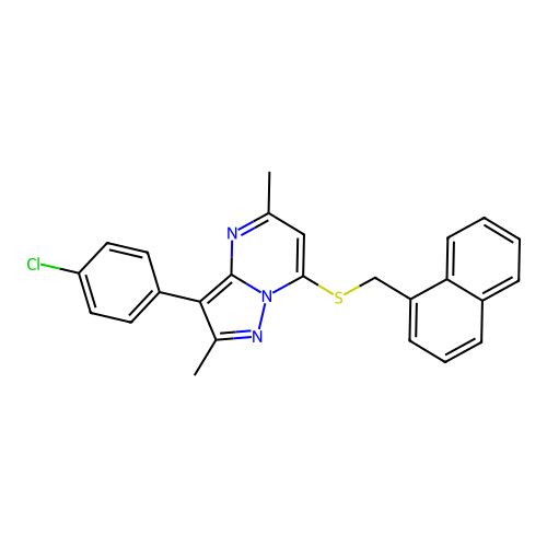 3-(4-chlorophenyl)-2,5-dimethyl-7-[(naphthalen-1-ylmethyl)sulfanyl]pyrazolo[1,5-a]pyrimidine structure