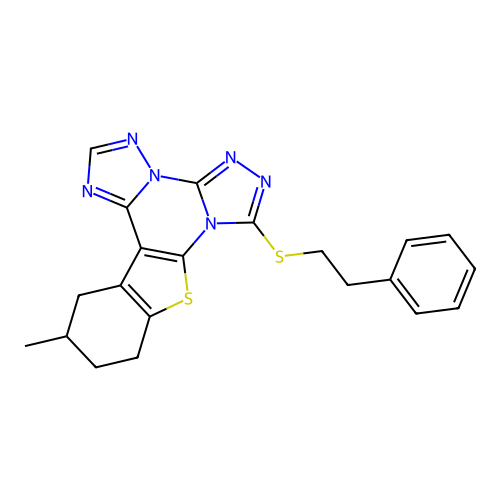 12-methyl-7-[(2-phenylethyl)sulfanyl]-10,11,12,13-tetrahydro[1]benzothieno[3,2-e]bis[1,2,4]triazolo[4,3-a:1',5'-c]pyrimidine structure