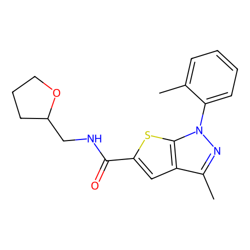 3-methyl-1-(2-methylphenyl)-N-(oxolan-2-ylmethyl)thieno[2,3-c]pyrazole-5-carboxamide structure