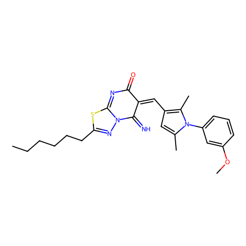 (6E)-2-hexyl-5-imino-6-[[1-(3-methoxyphenyl)-2,5-dimethylpyrrol-3-yl]methylidene]-[1,3,4]thiadiazolo[3,2-a]pyrimidin-7-one structure
