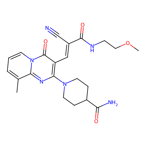 (E)-1-(3-(2-cyano-3-((2-methoxyethyl)amino)-3-oxoprop-1-en-1-yl)-9-methyl-4-oxo-4H-pyrido[1,2-a]pyrimidin-2-yl)piperidine-4-carboxamide structure