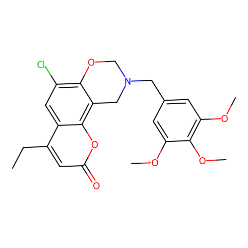 6-chloro-4-ethyl-9-(3,4,5-trimethoxybenzyl)-9,10-dihydro-2H,8H-chromeno[8,7-e][1,3]oxazin-2-one structure