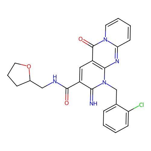 1-(2-chlorobenzyl)-2-imino-5-keto-N-(tetrahydrofurfuryl)dipyrido[1,2-d:3'',4''-f]pyrimidine-3-carboxamide structure