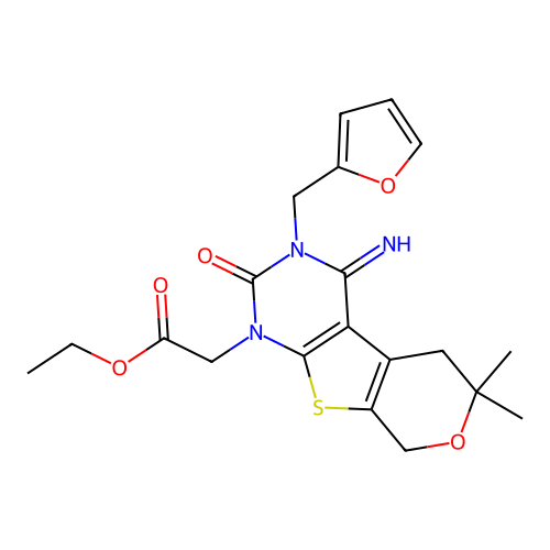 ethyl [3-(furan-2-ylmethyl)-4-imino-6,6-dimethyl-2-oxo-3,4,5,8-tetrahydro-2H-pyrano[4',3':4,5]thieno[2,3-d]pyrimidin-1(6H)-yl]acetate structure