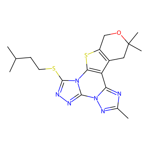 2,12,12-trimethyl-7-[(3-methylbutyl)sulfanyl]-12,13-dihydro-10H-pyrano[4',3':4,5]thieno[3,2-e]bis[1,2,4]triazolo[4,3-a:1',5'-c]pyrimidine structure