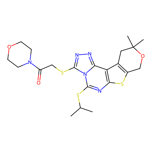 2-((5-(isopropylthio)-10,10-dimethyl-10,11-dihydro-8H-pyrano[4',3':4,5]thieno[3,2-e][1,2,4]triazolo[4,3-c]pyrimidin-3-yl)thio)-1-morpholinoethanone structure