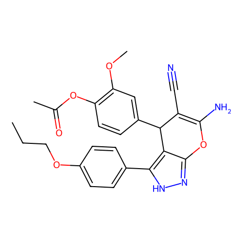 [4-[6-amino-5-cyano-3-(4-propoxyphenyl)-2,4-dihydropyrano[2,3-c]pyrazol-4-yl]-2-methoxyphenyl] acetate structure