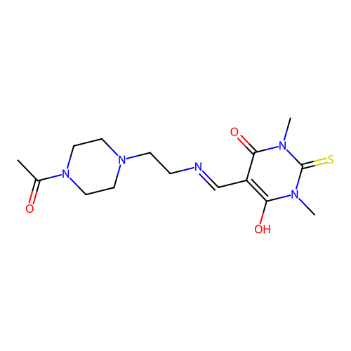 5-(((2-(4-acetylpiperazin-1-yl)ethyl)amino)methylene)-1,3-dimethyl-2-thioxodihydropyrimidine-4,6(1H,5H)-dione structure