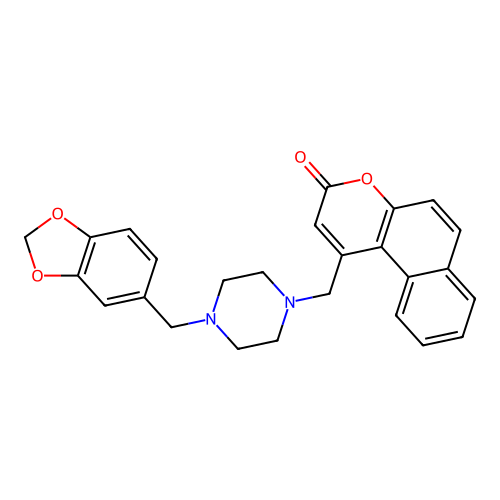 1-{[4-(1,3-benzodioxol-5-ylmethyl)piperazin-1-yl]methyl}-3H-benzo[f]chromen-3-one structure