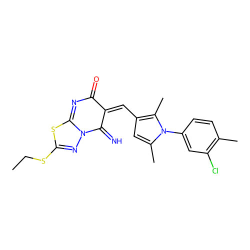 (6E)-6-[[1-(3-chloro-4-methylphenyl)-2,5-dimethylpyrrol-3-yl]methylidene]-2-ethylsulfanyl-5-imino-[1,3,4]thiadiazolo[3,2-a]pyrimidin-7-one structure