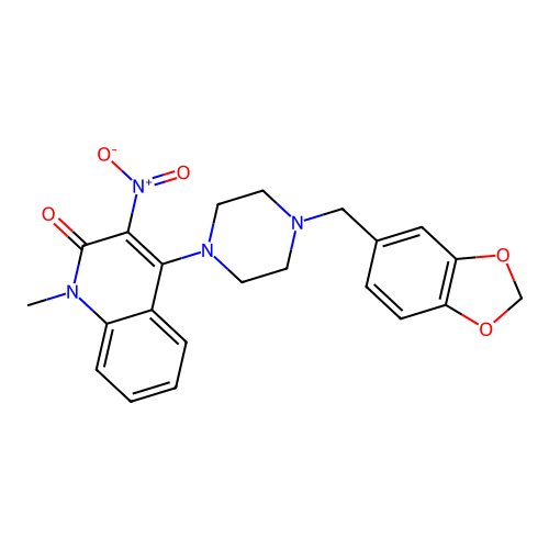 4-(4-(benzo[d][1,3]dioxol-5-ylmethyl)piperazin-1-yl)-1-methyl-3-nitroquinolin-2(1H)-one structure