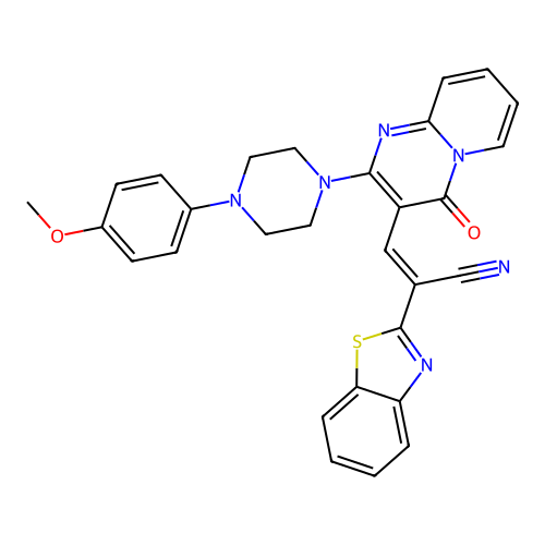 (2E)-2-(1,3-benzothiazol-2-yl)-3-{2-[4-(4-methoxyphenyl)piperazin-1-yl]-4-oxo-4H-pyrido[1,2-a]pyrimidin-3-yl}prop-2-enenitrile structure