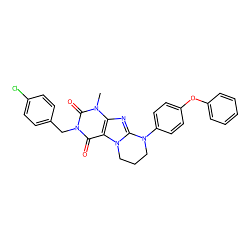 3-(4-chlorobenzyl)-1-methyl-9-(4-phenoxyphenyl)-6,7,8,9-tetrahydropyrimido[2,1-f]purine-2,4(1H,3H)-dione structure